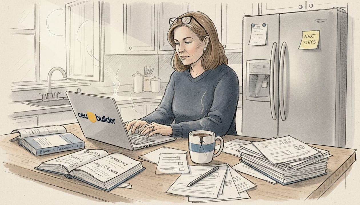 Designer prepares CEU course materials in kitchen