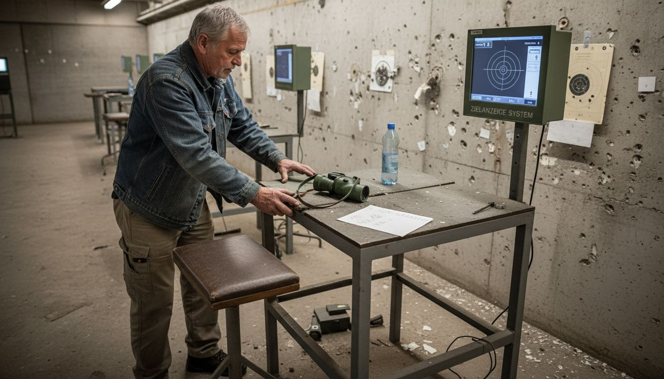 Ein Mann baut seinen Schießstand auf und legt das nötige Zubehör bereit.