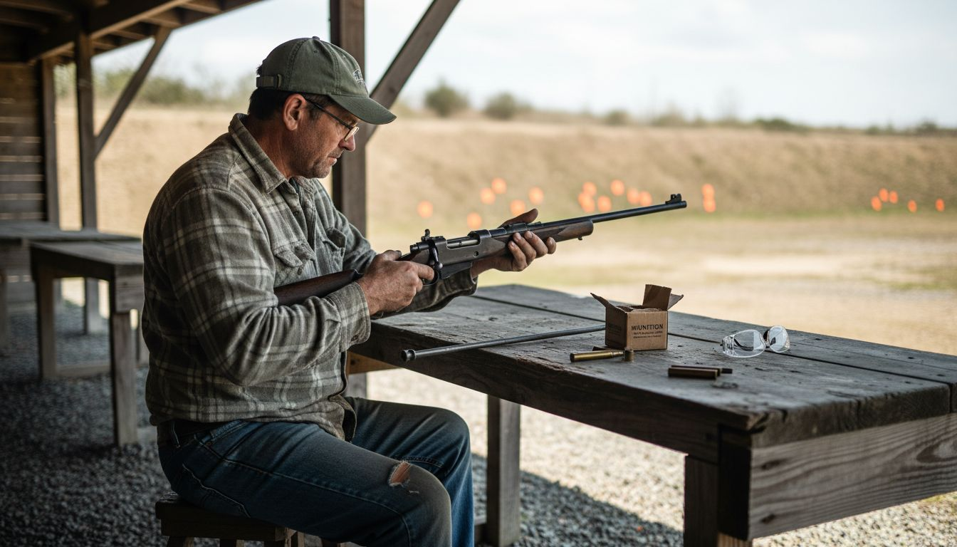 Ein Ausbilder prüft ein Gewehr auf dem Schießstand im Freien.