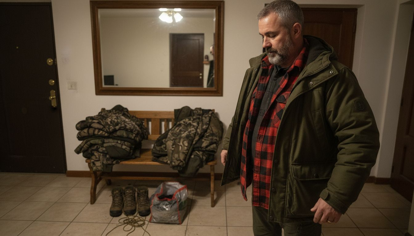 Séance d’essayage de tenues de chasse improvisée dans l’entrée