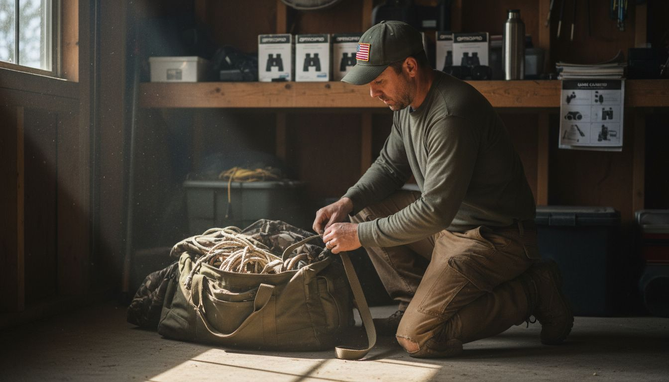 Man closely inspecting hunting equipment