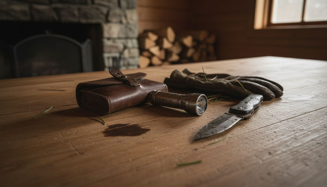Eine Auswahl an Jagdzubehör liegt auf einer rustikalen Holzoberfläche arrangiert.