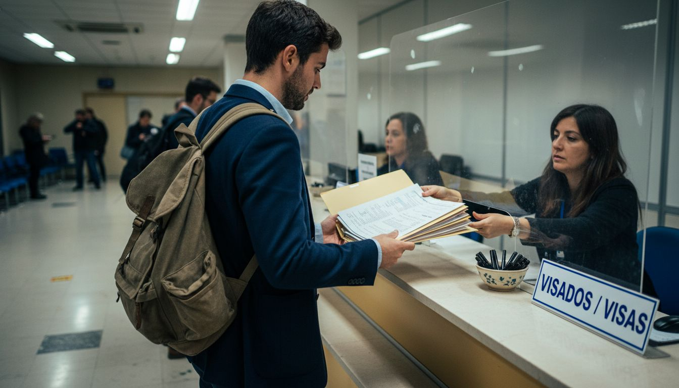 Applicant submitting student visa at consulate counter