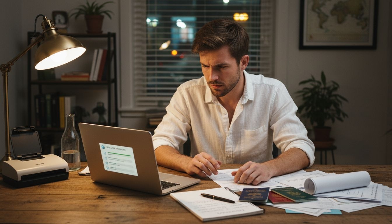 Man uploading scanned documents online