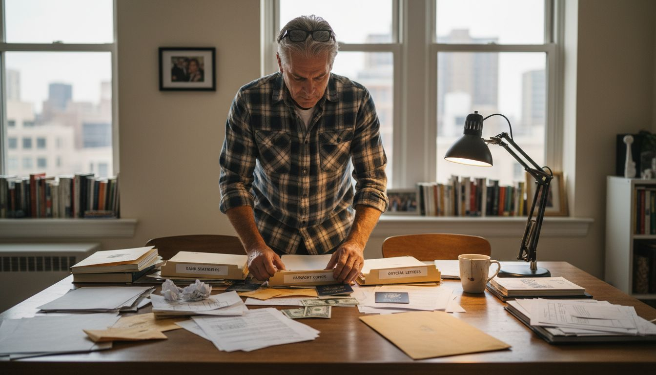 Man sorting Spanish residency paperwork at home