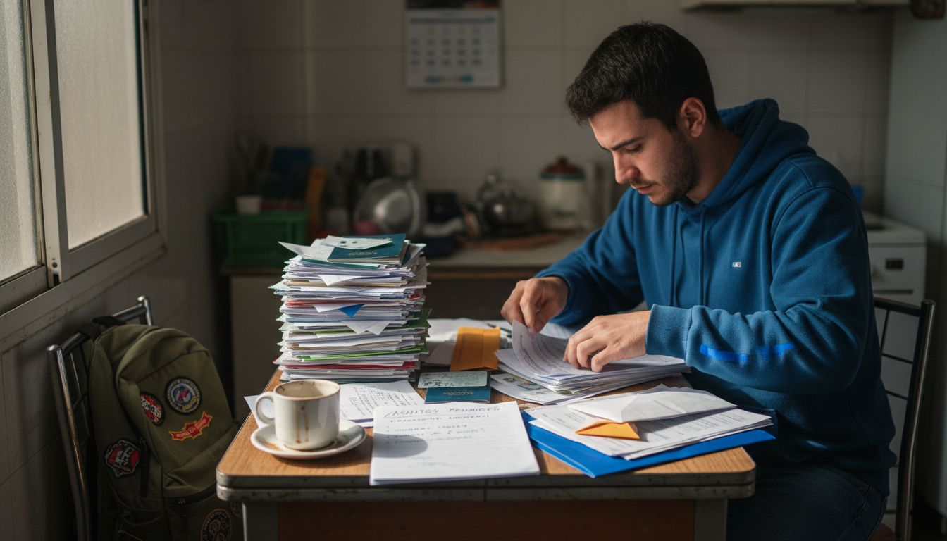 Hombre preparando y organizando la documentación necesaria para solicitar la residencia en España.