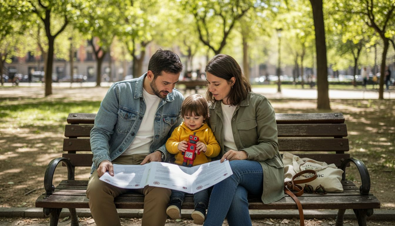 EU family reviewing residency papers in Spanish park