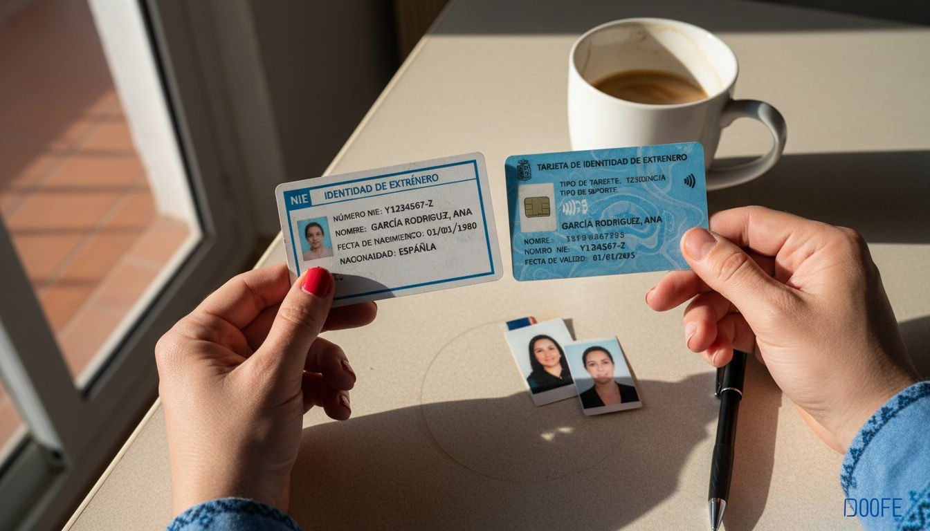 Unas manos sostienen las tarjetas de identificación españolas: el NIE y el TIE.