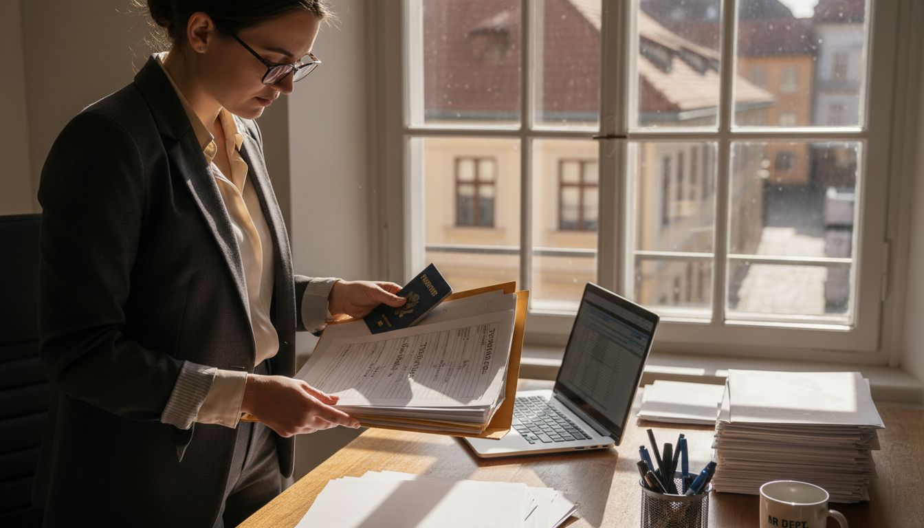 Woman organizing documents for work permit application