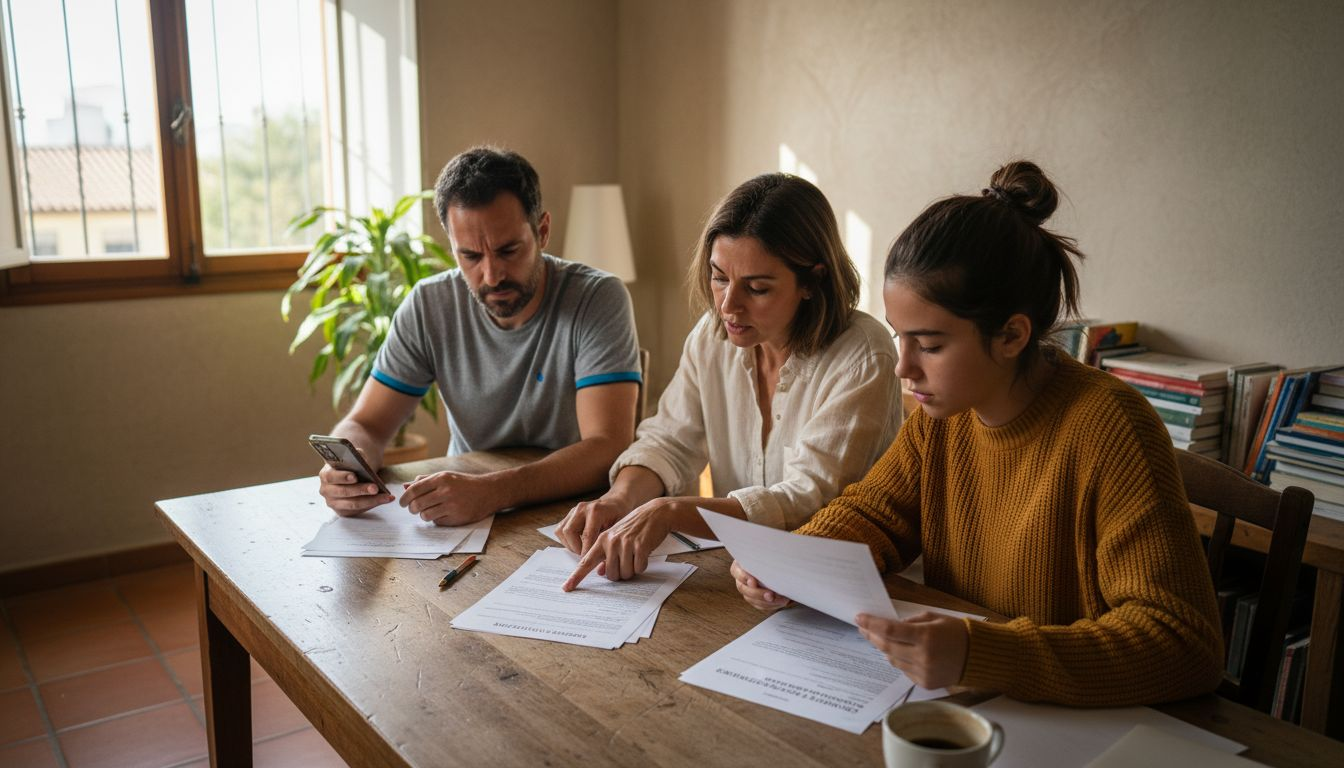 Una familia repasa en casa toda la documentación necesaria para su residencia.