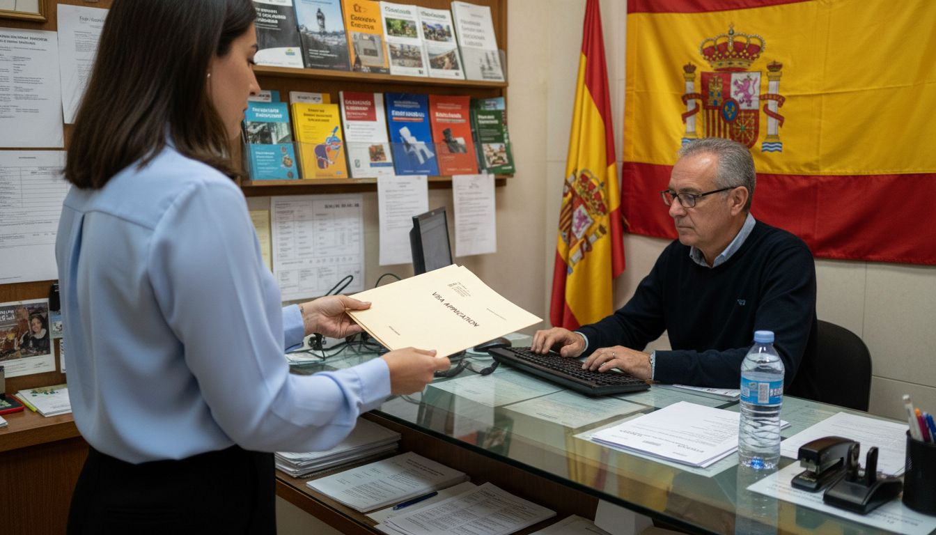 Visa applicant handing papers in Spanish consulate