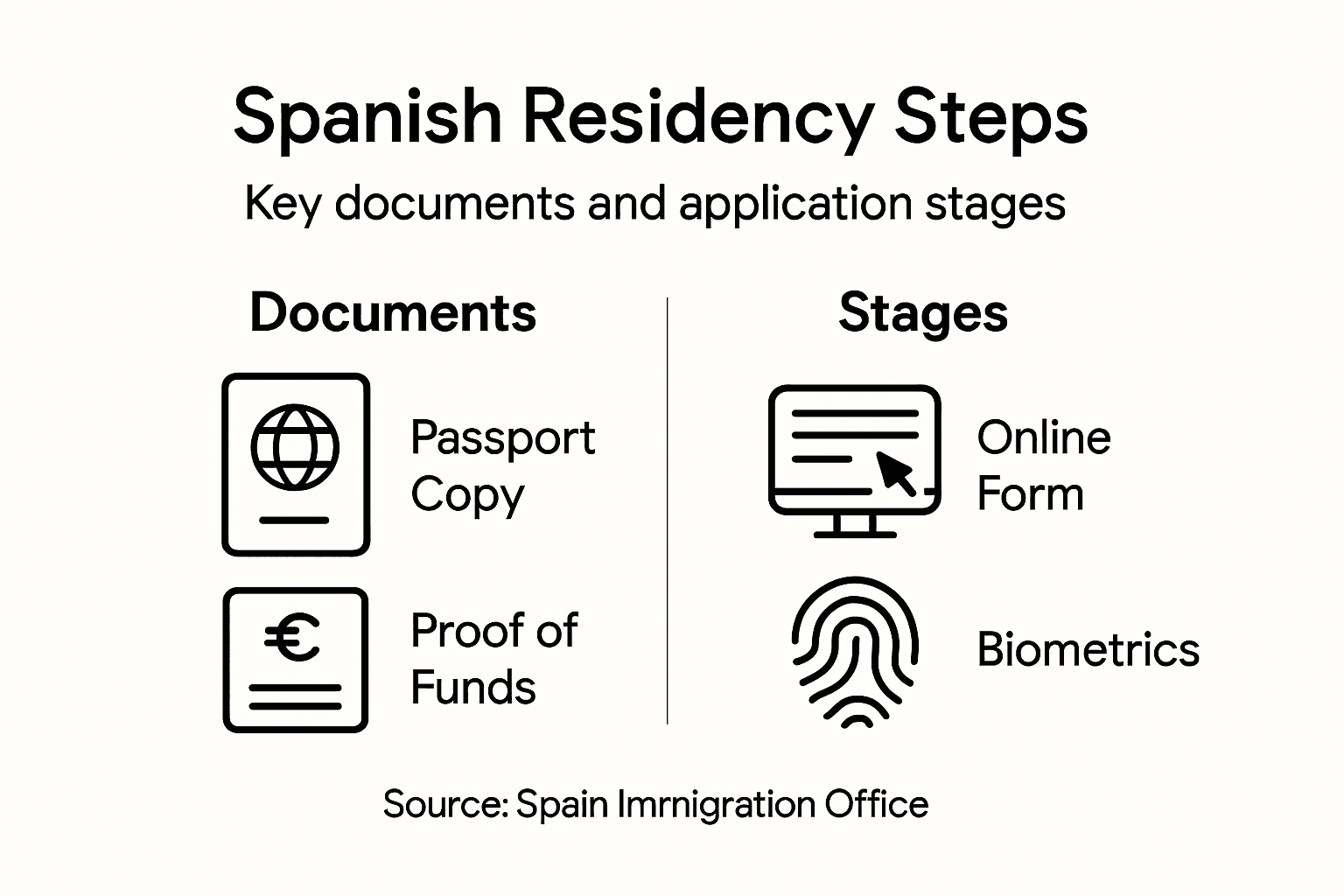 Infographic with Spanish residency steps and required items