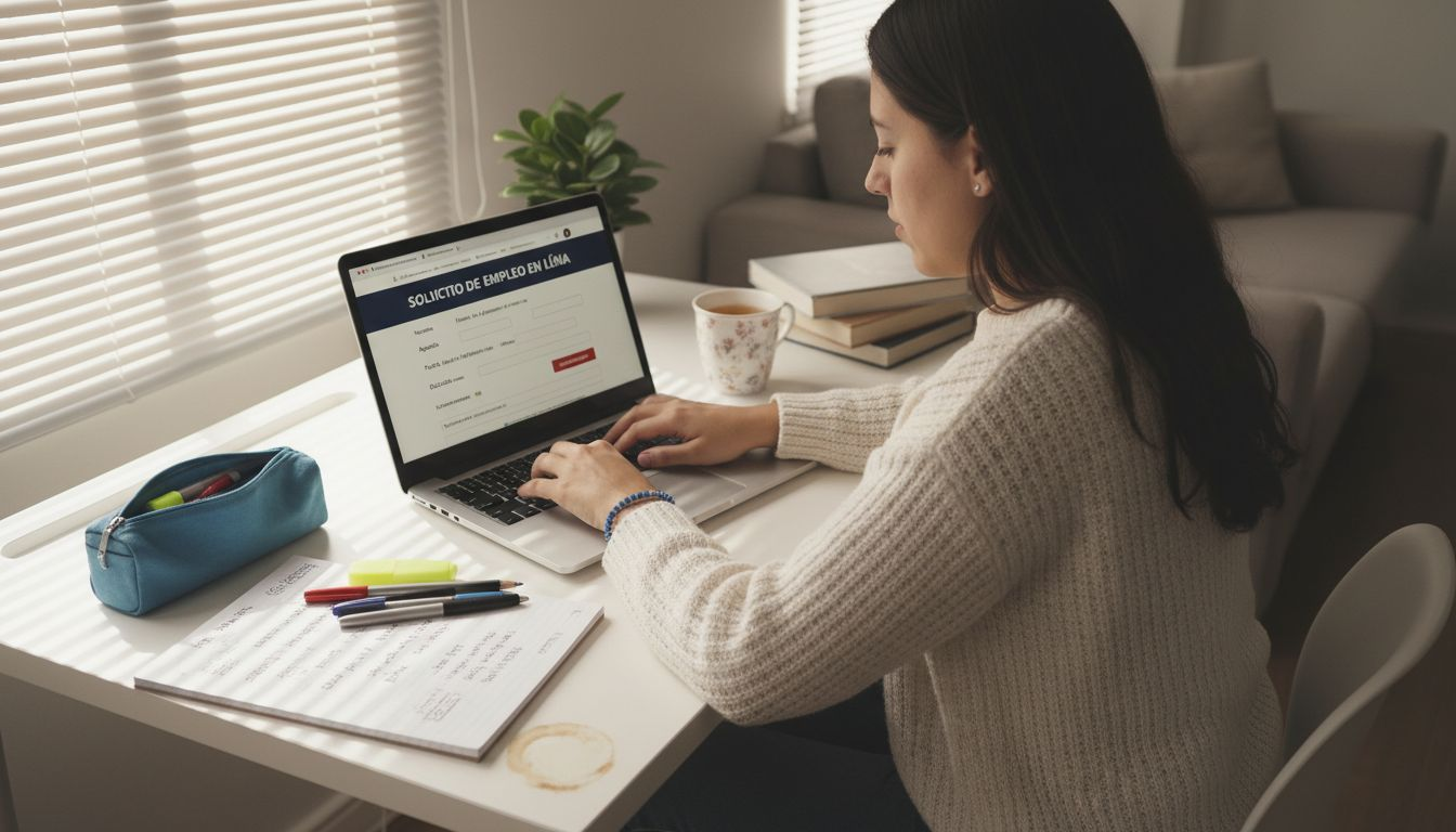Mujer completando un formulario en su portátil desde casa