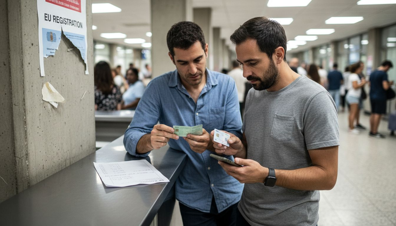 Two men comparing Spanish residency cards