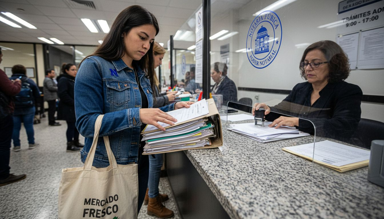 Una mujer presenta la documentación requerida para solicitar el arraigo en la notaría.