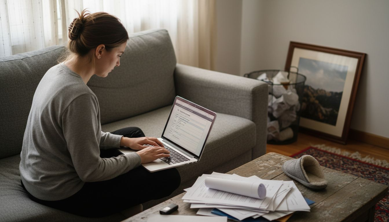 Woman completing NIE application online at home