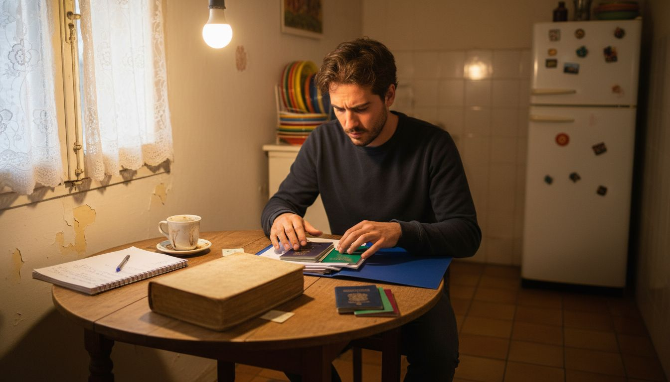 Man organizes Spanish residency documents at home