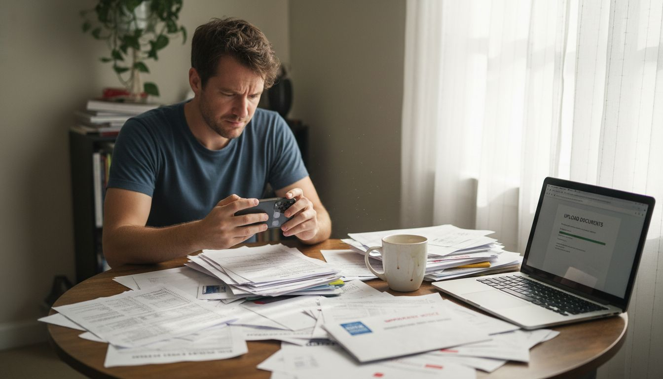 Man scanning documents at home for registration