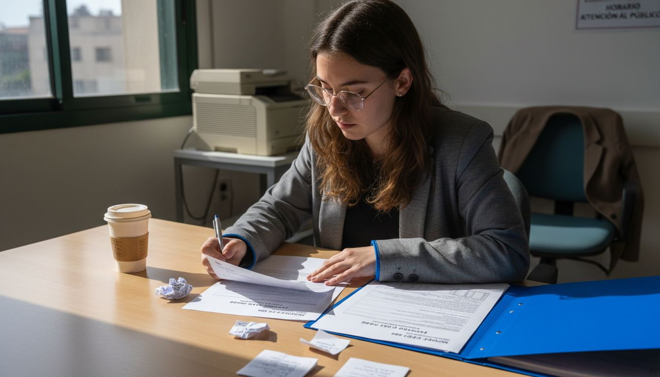 Una mujer revisa los formularios y las tasas relacionadas con trámites de extranjería.