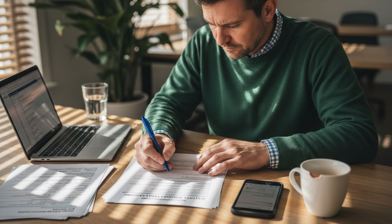 Man carefully completing immigration paperwork at desk