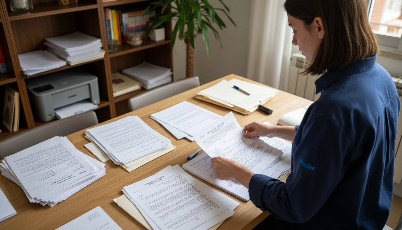 Una mujer revisando y poniendo en orden sus papeles importantes en casa