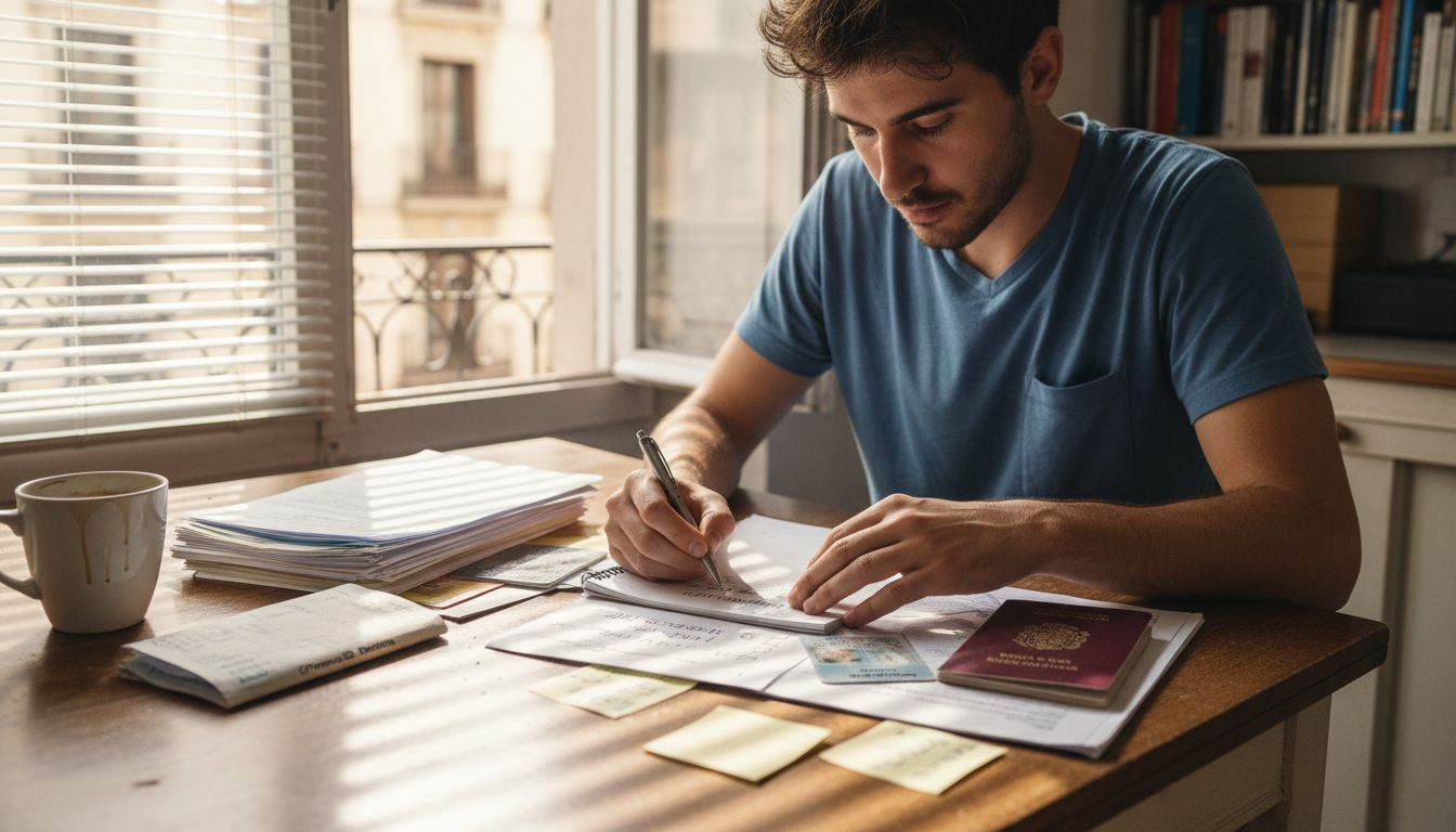 Person organizing immigration documents at kitchen table