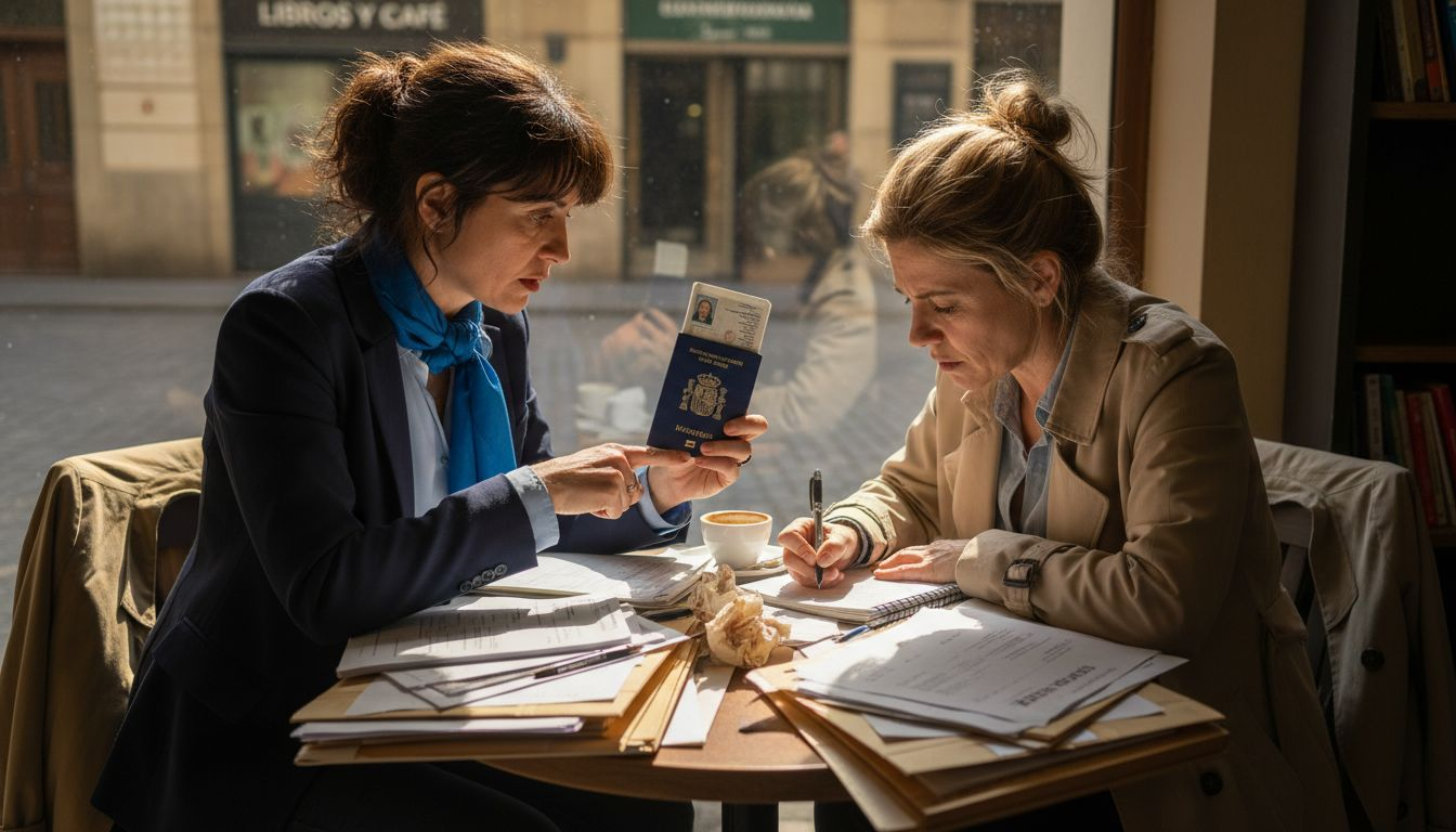 Dos mujeres revisan juntas los papeles necesarios para renovar el NIE y comentan las dudas que tienen.