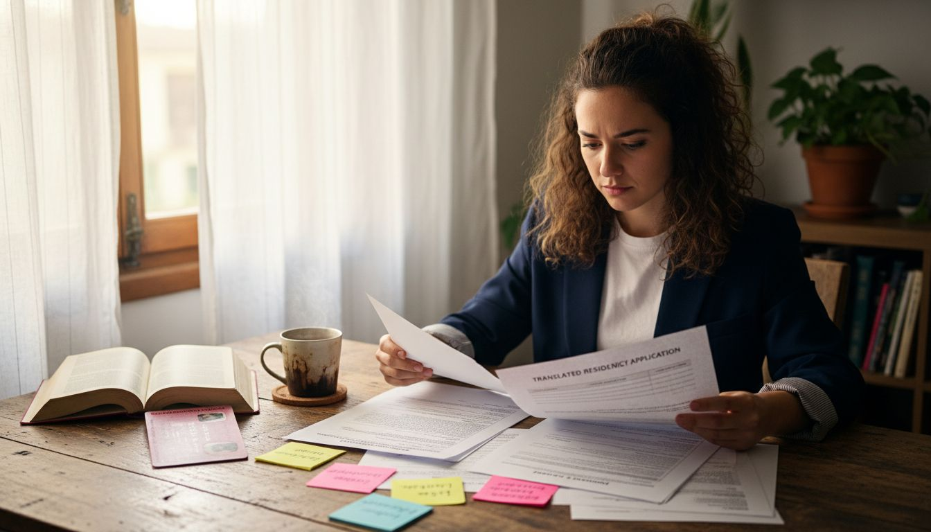 Woman reviewing translated autónomo paperwork at home