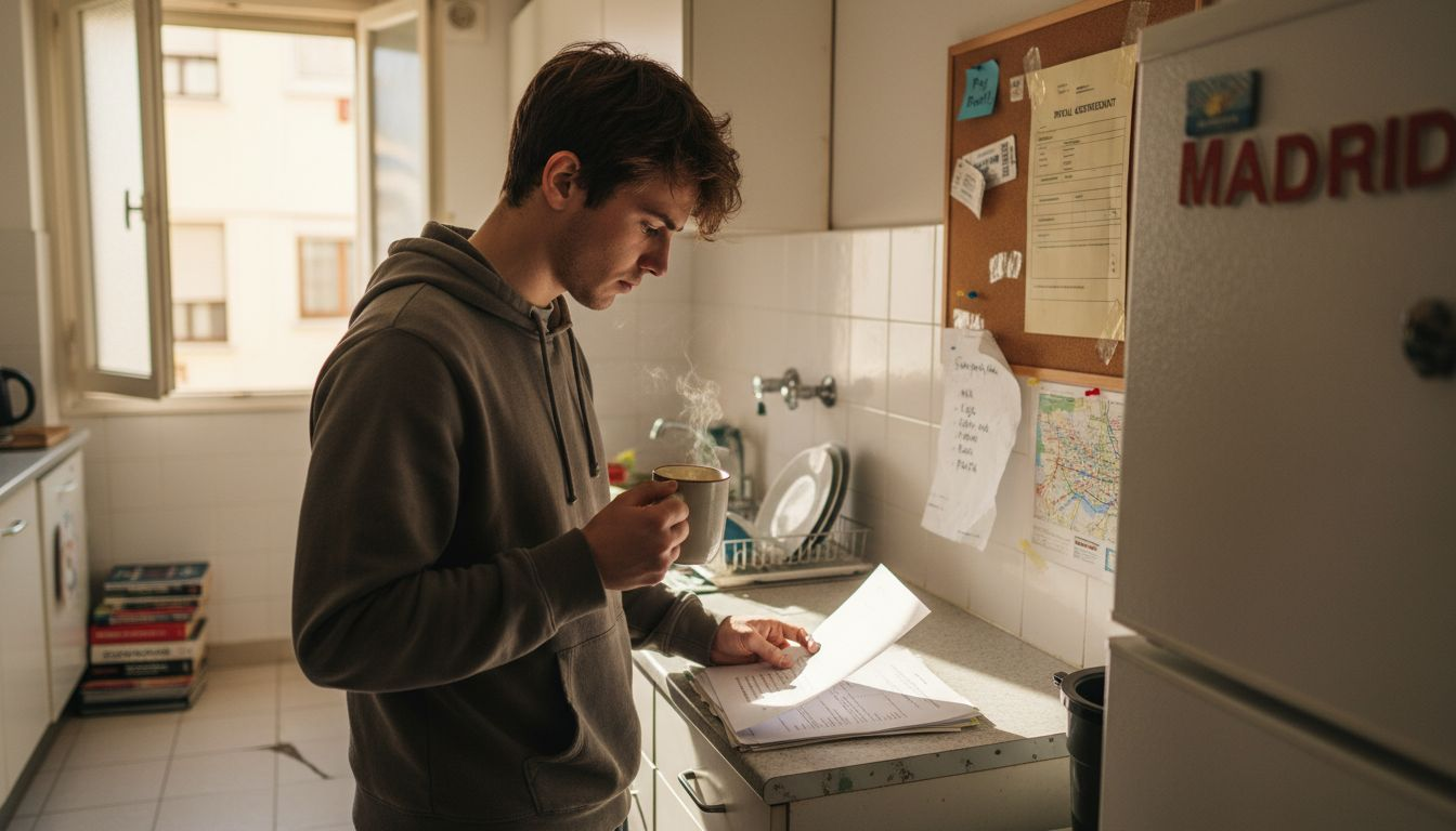 International student gathers documents in apartment kitchen