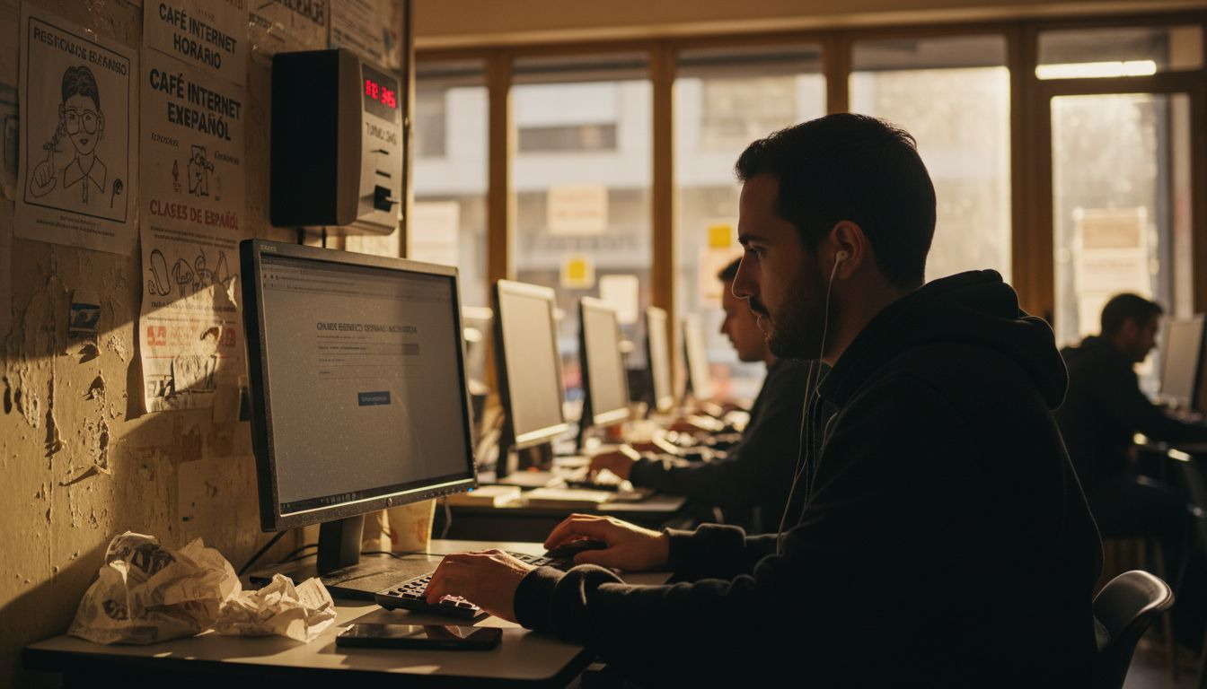 Man submitting residency renewal online in Spain café