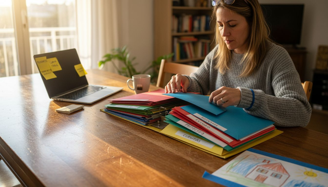Mujer organizando documentos y listas de requisitos para trámites de inmigración.