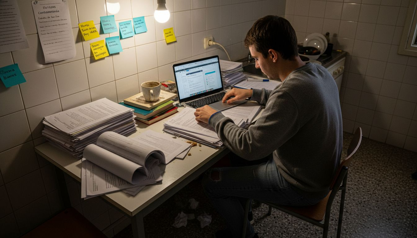 Un estudiante preparando un expediente legal sobre la mesa, revisando documentos y organizando toda la información necesaria.