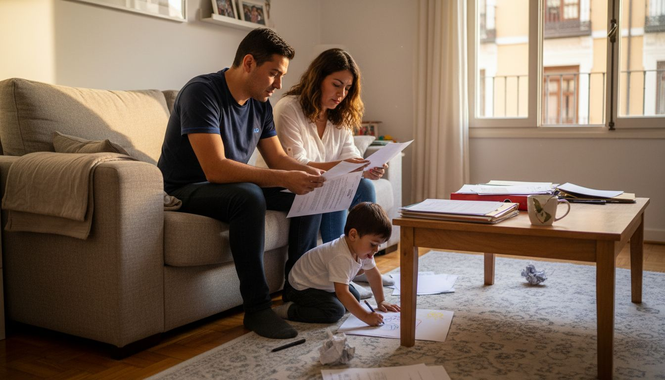 Una familia inmigrante revisa documentos importantes en la mesa de su hogar.