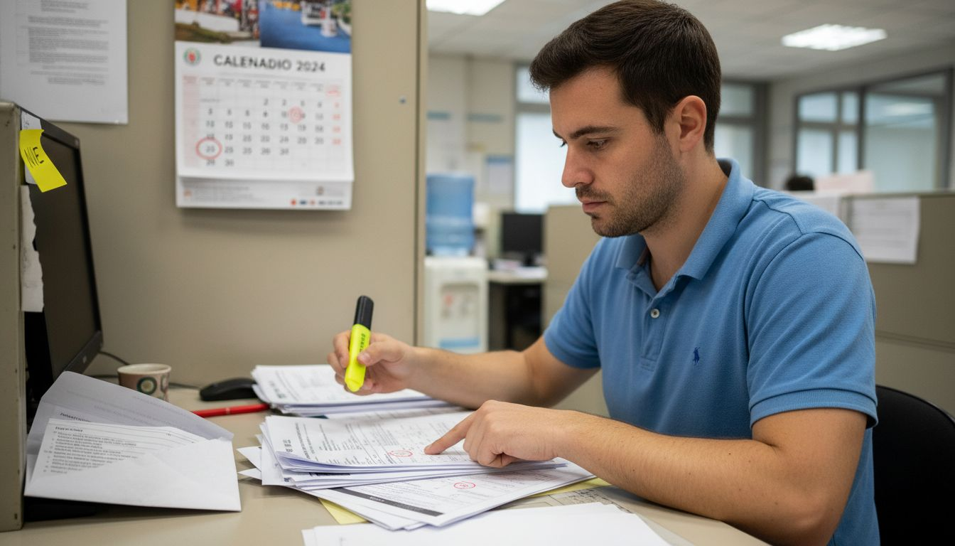 Man sorting residency forms with paperwork errors