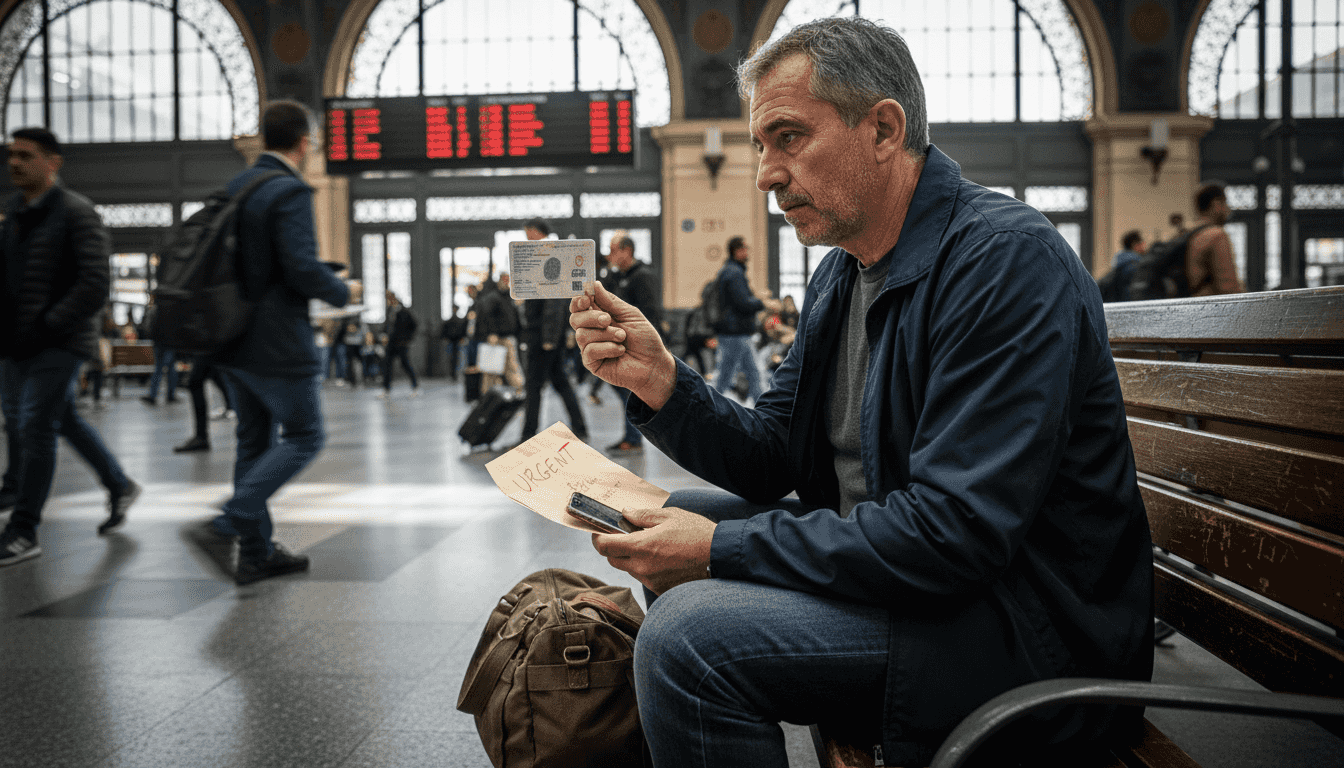 Man reviewing overdue residency card at station