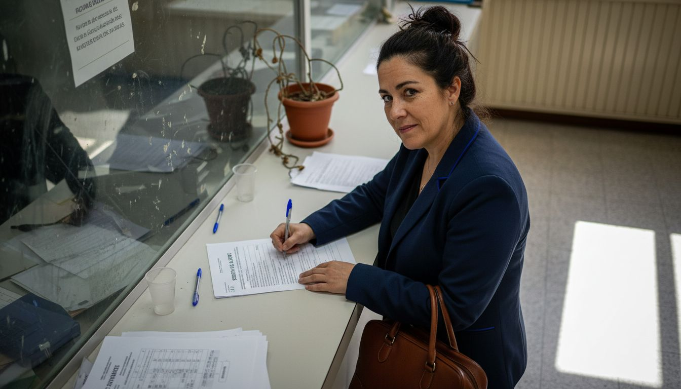 Una mujer llena y firma un formulario en la ventanilla de atención del registro.