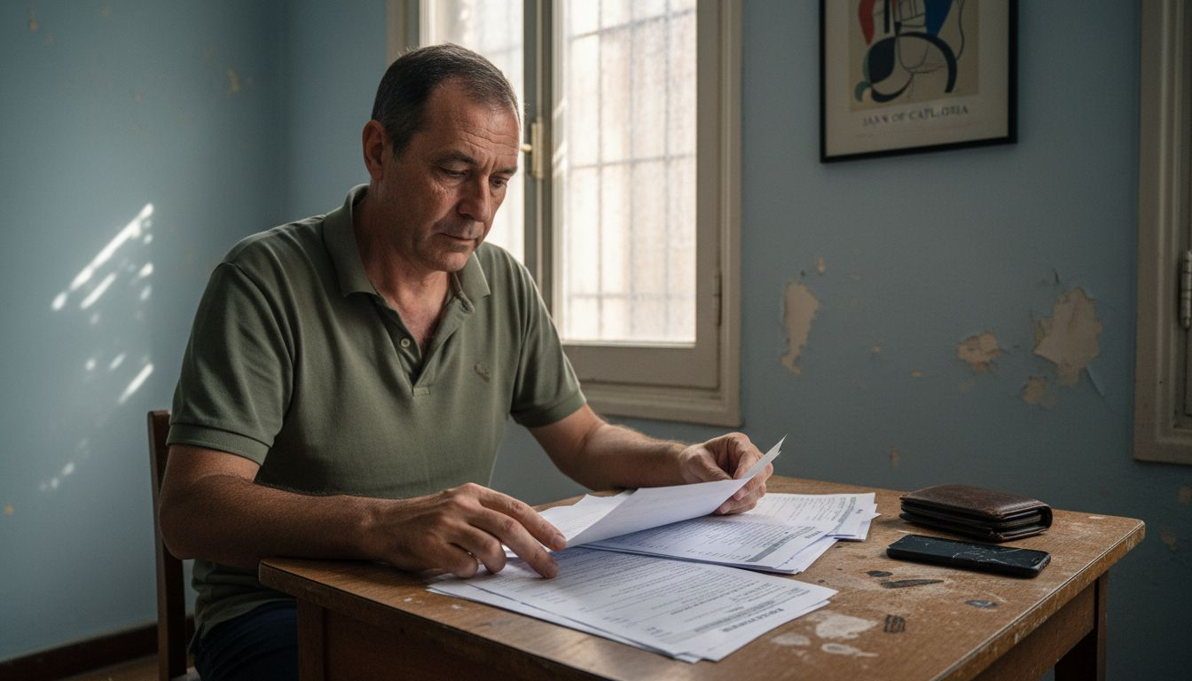 Man reviewing bank statements in Barcelona apartment