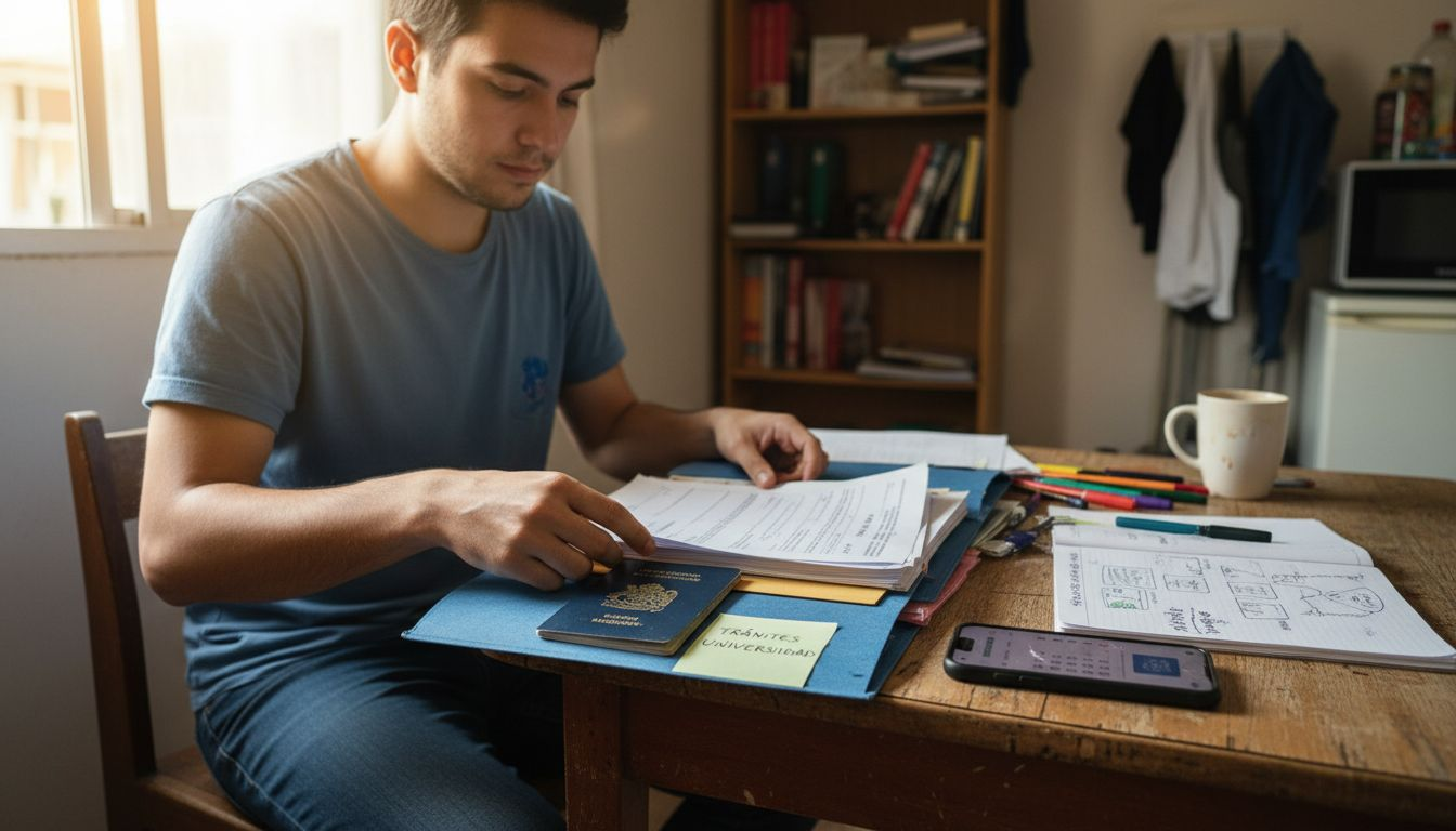 Estudiante reuniendo y preparando la documentación necesaria para renovar su visa.