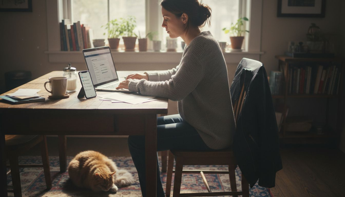 Woman digitally uploads residency documents at home