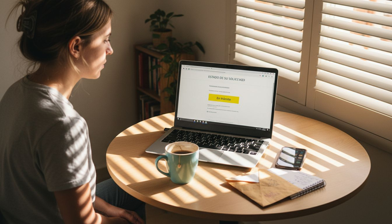 Laptop showing Spain residency status 'En trámite'