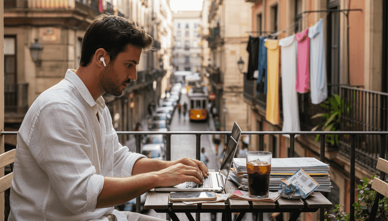 Remote worker on balcony with laptop and city view