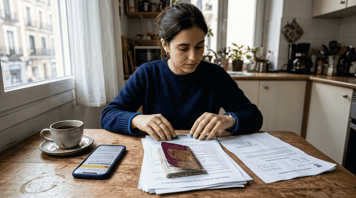 Una mujer revisa y organiza los documentos necesarios para solicitar el visado a España, sentada en la mesa de su casa.