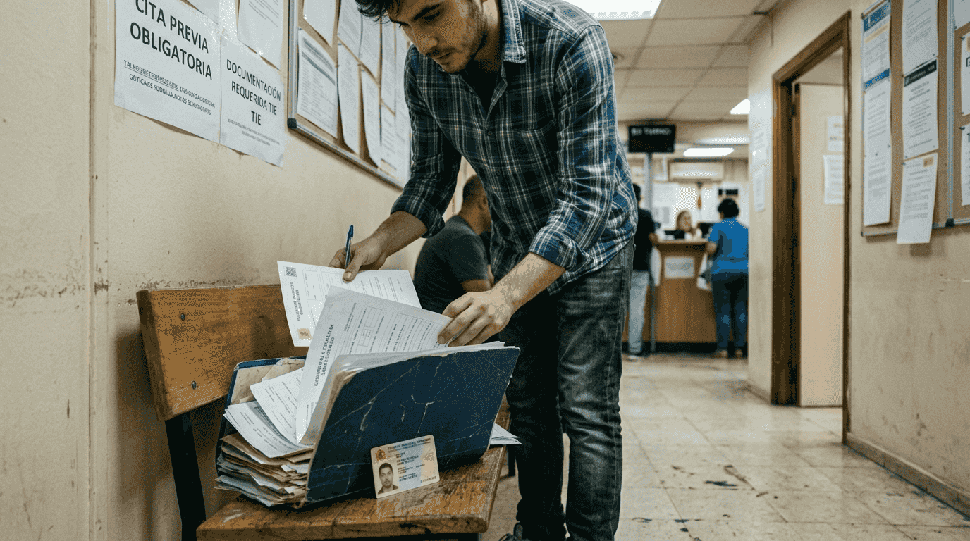 Un hombre revisa documentos de identidad españoles en una oficina.