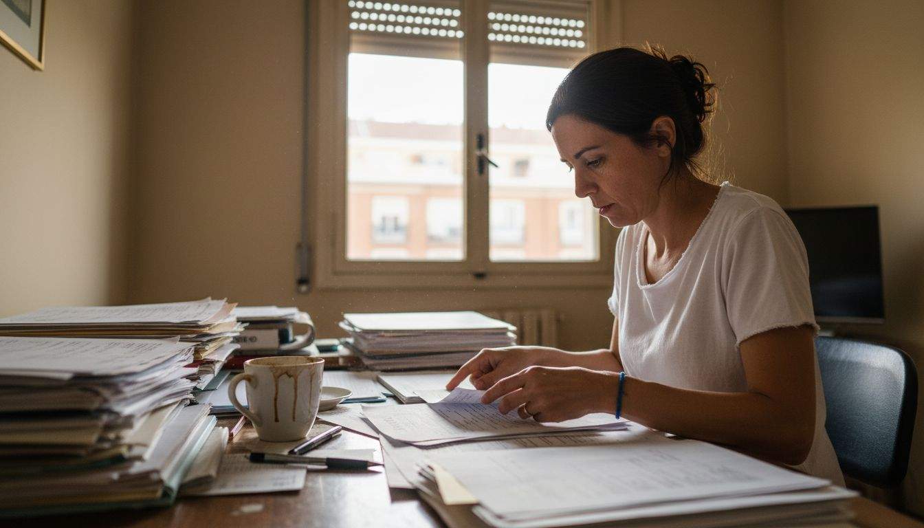 Una mujer revisa sus documentos para solicitar el arraigo laboral.