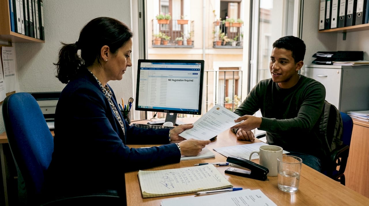 HR manager reviews NIE registration paperwork