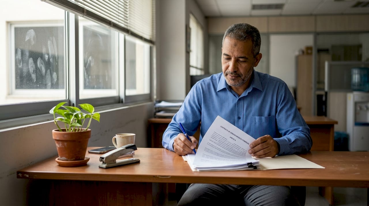 Un hombre firma un contrato sentado en un escritorio sencillo.