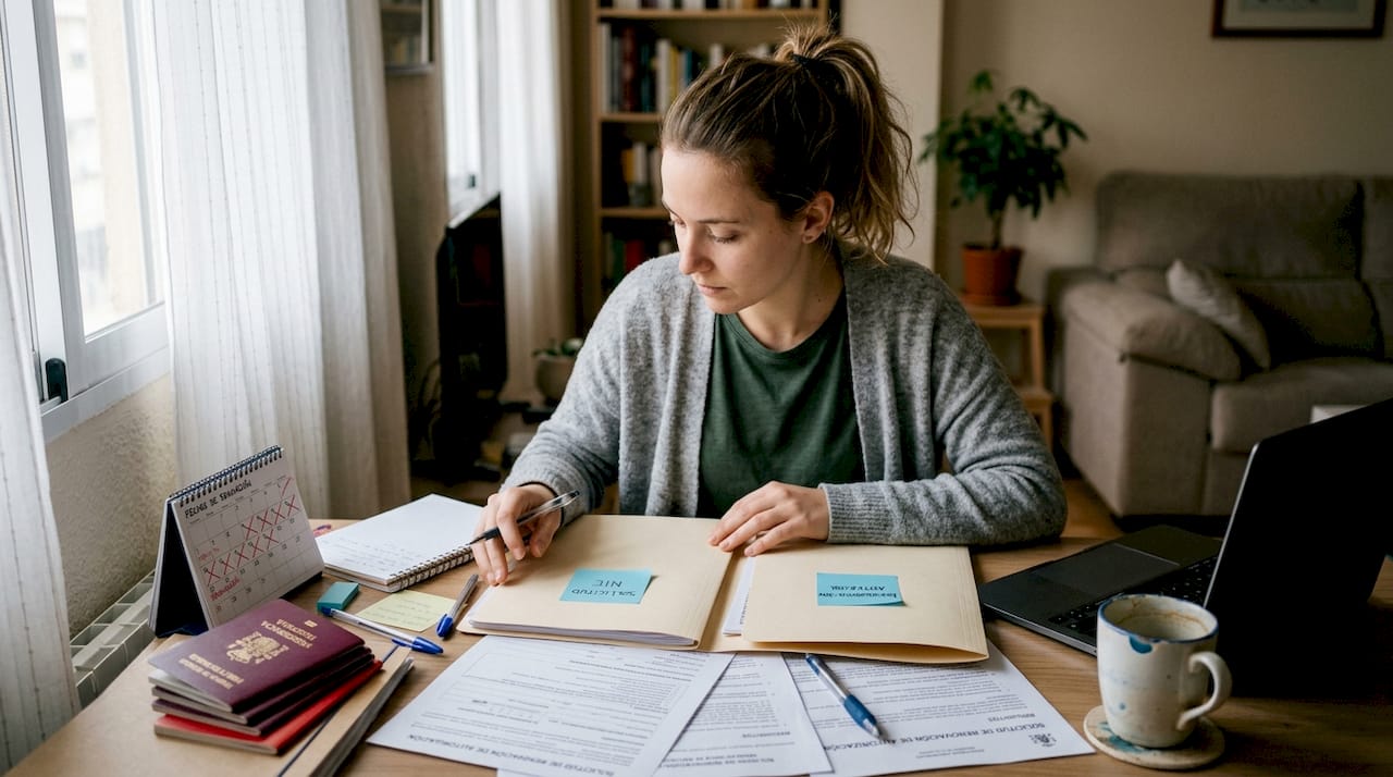 Mujer revisando y comparando diferentes carpetas para residencia