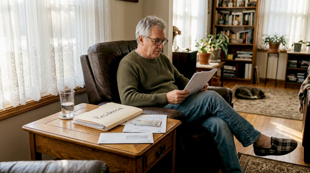Retired man reads Spain residency papers