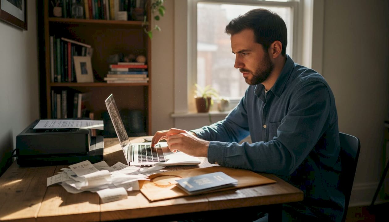 Man emailing immigration documents from messy table
