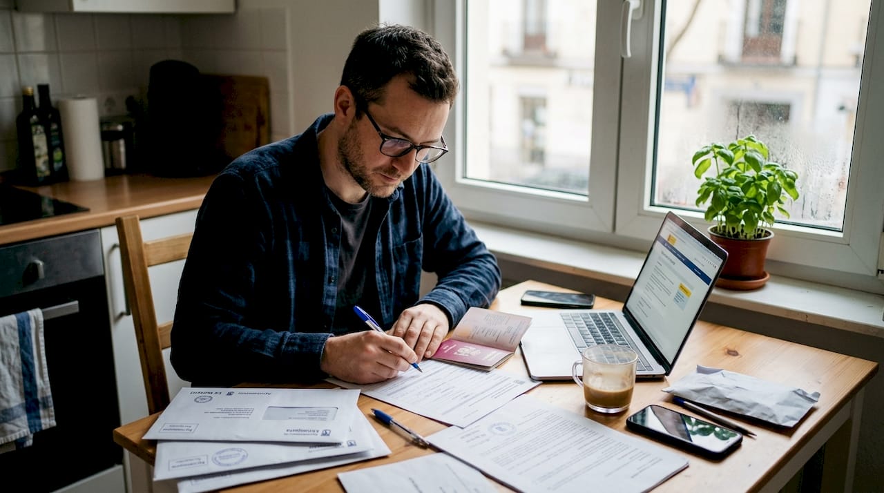 Man organizing residency application paperwork at home